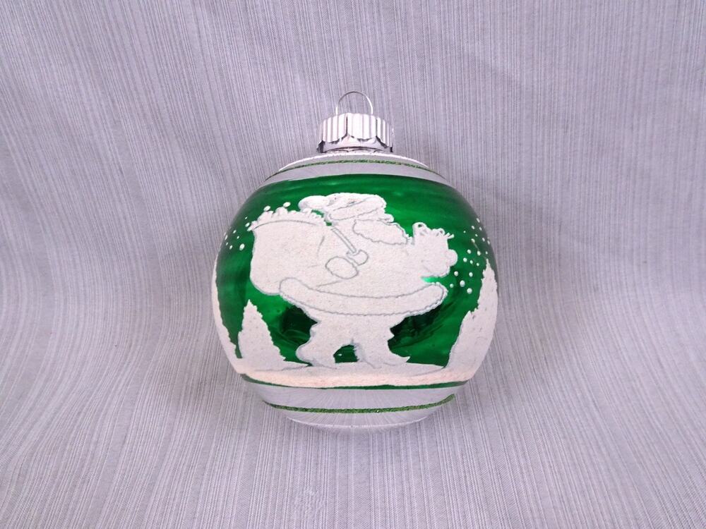 Radko Shiny Brite Ornament Green Flocked Santa Snow 3 in Ball Christmas Tree Joy
